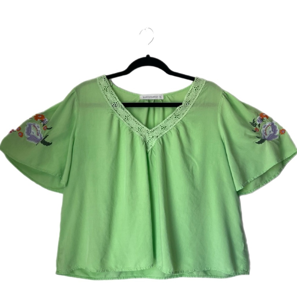 Rusttydustty Women’s Embroidered Neon Green Floral Boho Blouse Top Size XL
